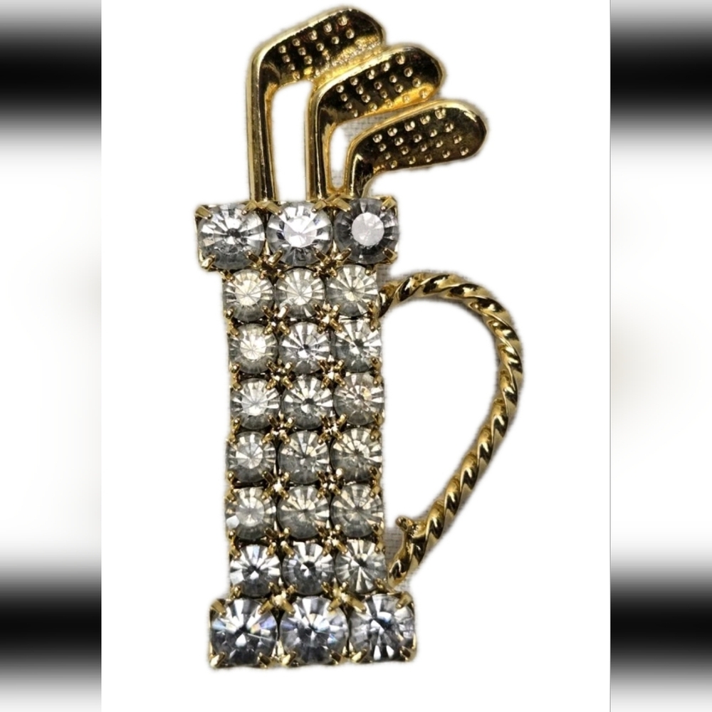 Golf Bag And Clubs Gold Tone Brooch Pin With White Rhinestones